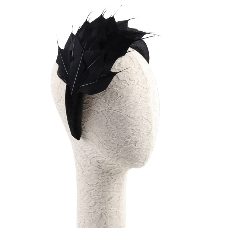 Black Feather Fascinator Headband, Race Day Headpiece, Mother of The Bride Headdress, A9658