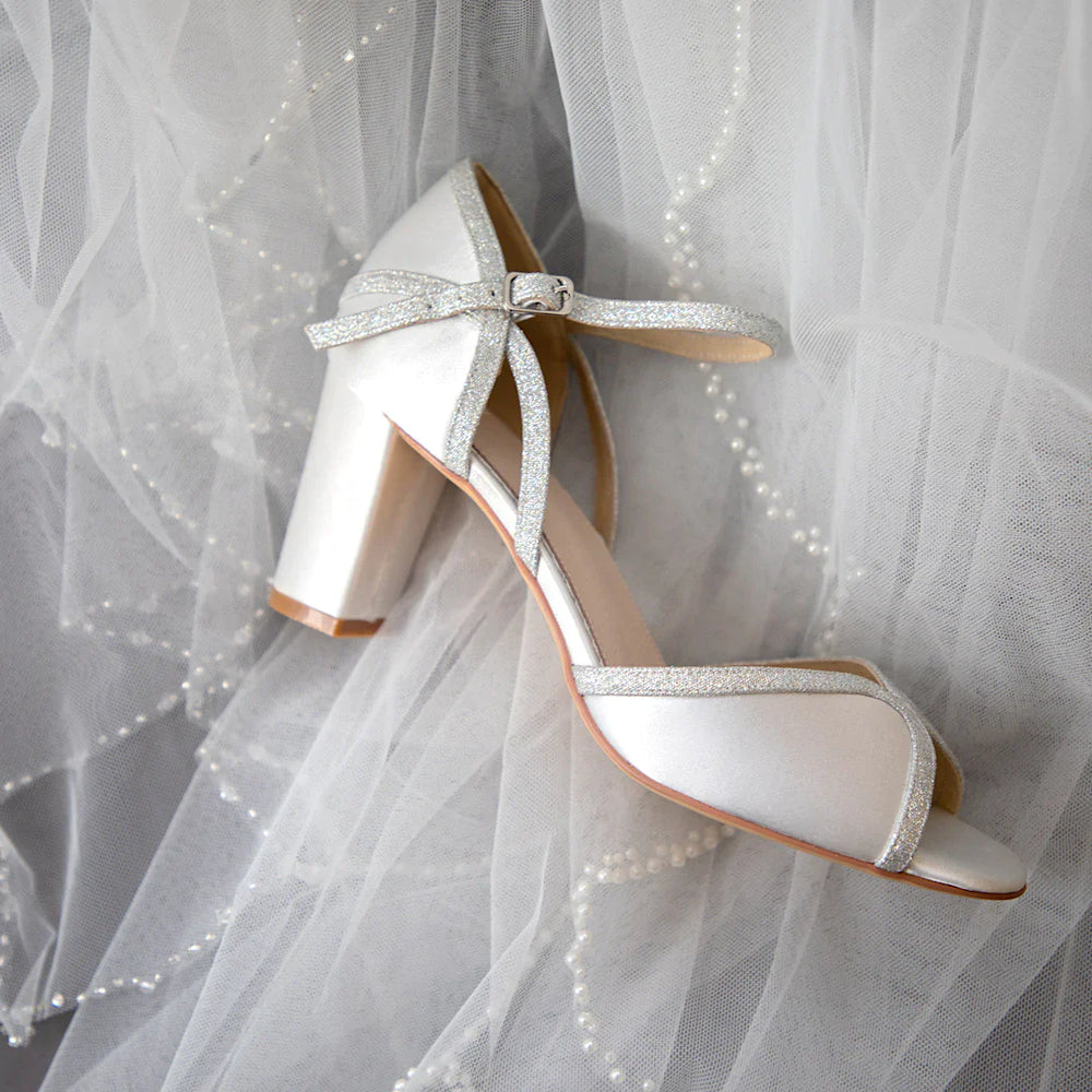 Block Heel Wedding Shoe, Ivory Satin and Glitter, By Perfect Bridal, Size 8, Sabrina ***SALE***