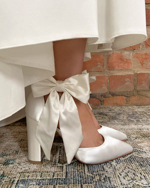 Block Heel Wedding Shoe Ivory Satin with Satin Bow, By Perfect Bridal, Arabella