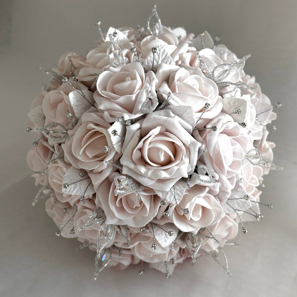 Blush Pink Artificial Wedding Bouquet, Diamantés and Crystals, Bridal Flowers FL57