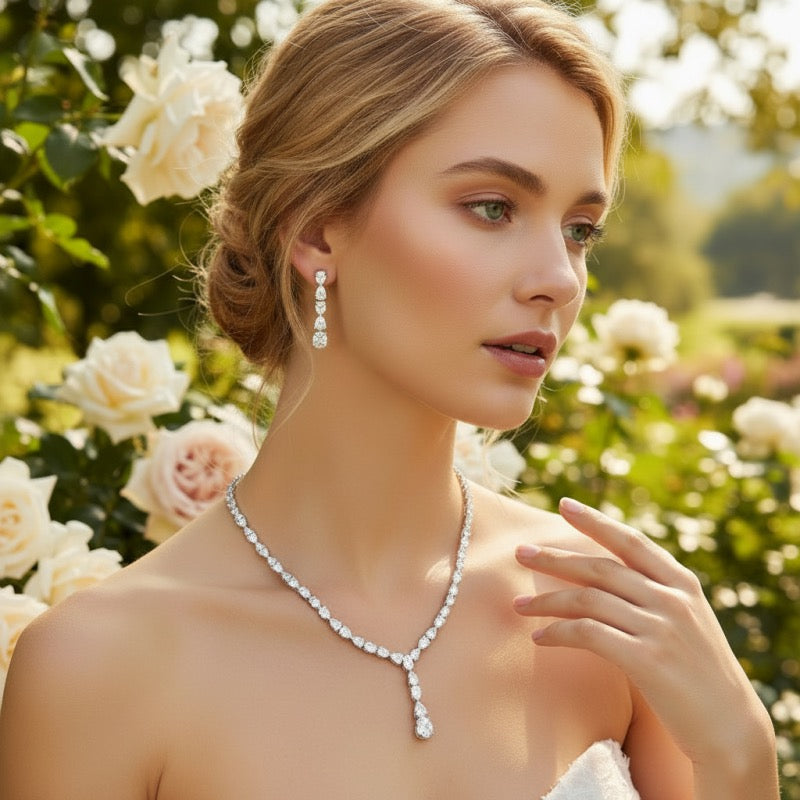 Brides Crystal Necklace & Earring Jewellery Set, A9774 - Topknot Tiaras & Veils