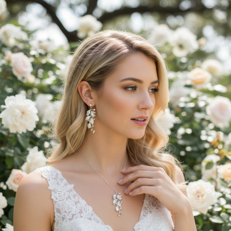 Brides Leaf Necklace & Earring Set with Crystals, A9808 - Topknot Tiaras & Veils