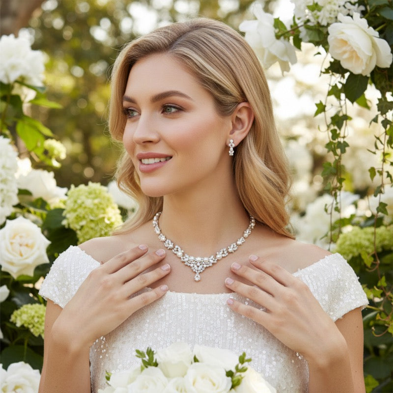 Brides Pearl Necklace & Earring Wedding Jewellery Set 1673 - Topknot Tiaras & Veils