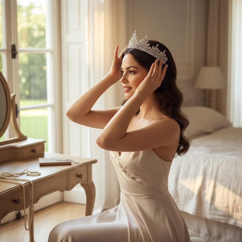 Brides Starlet Crown, Exquisite Headdress, CZ Crystals, Silver 7231 - Topknot Tiaras & Veils