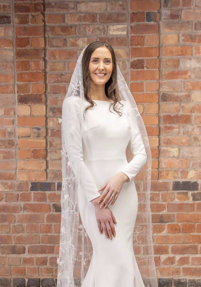 Chapel Length Wedding Veil with Floral Vines and Petals By Perfect Bridal PBV9076