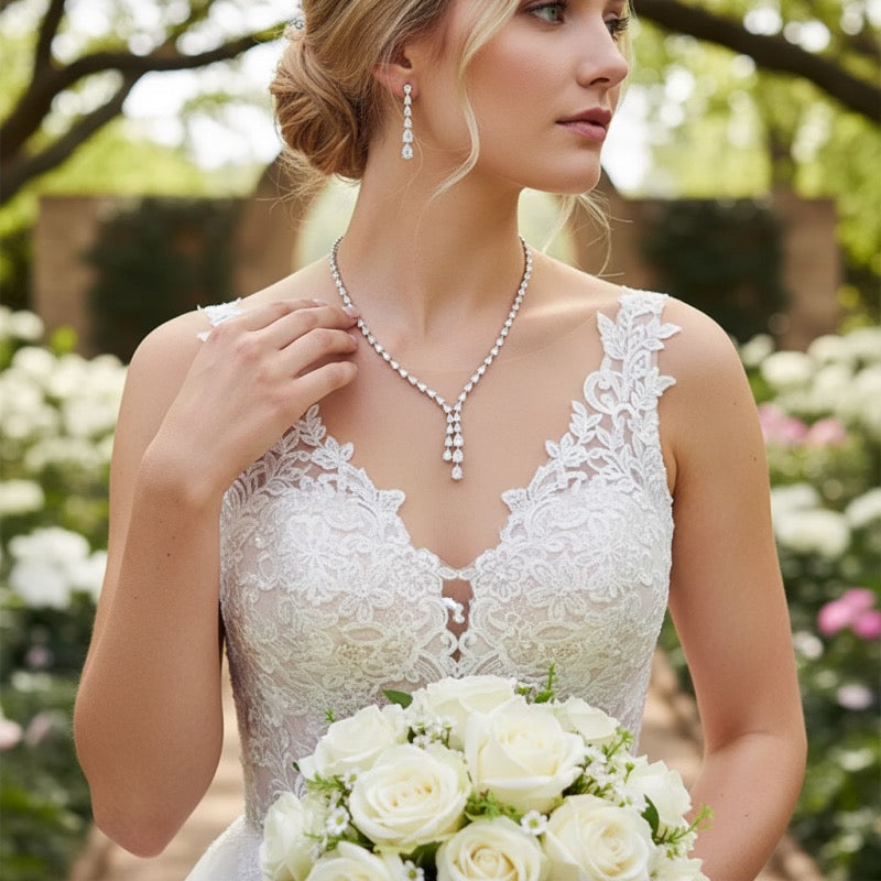 Crystal Bridal Jewellery Set, Necklace & Earring A9549 - Topknot Tiaras & Veils