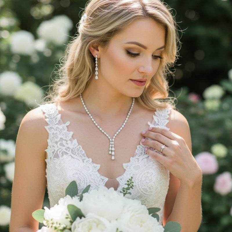 Crystal Bridal Jewellery Set, Necklace & Earring A9549 - Topknot Tiaras & Veils