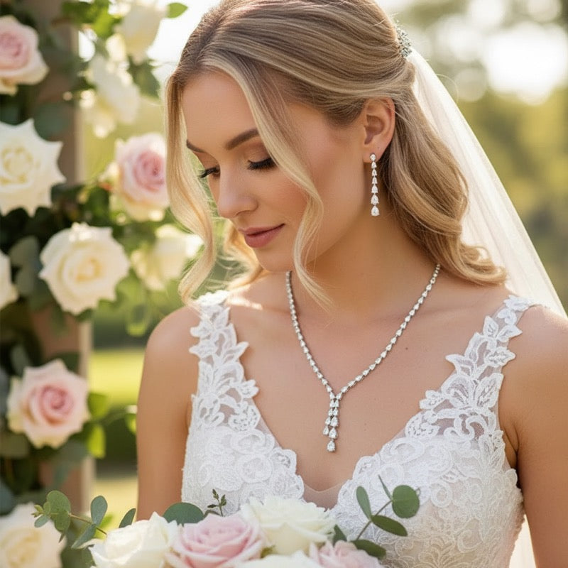 Crystal Bridal Jewellery Set, Necklace & Earring TT1094 - Topknot Tiaras & Veils