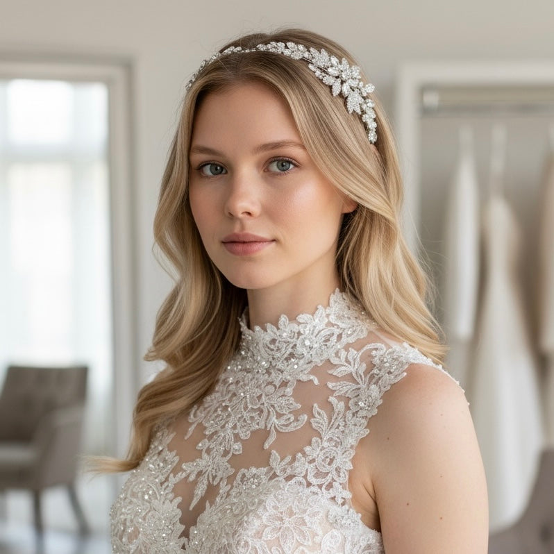 Crystal Leaf Bridal Headband – Elegant Silver Wedding Hair Accessory TLT4732 - Topknot Tiaras & Veils