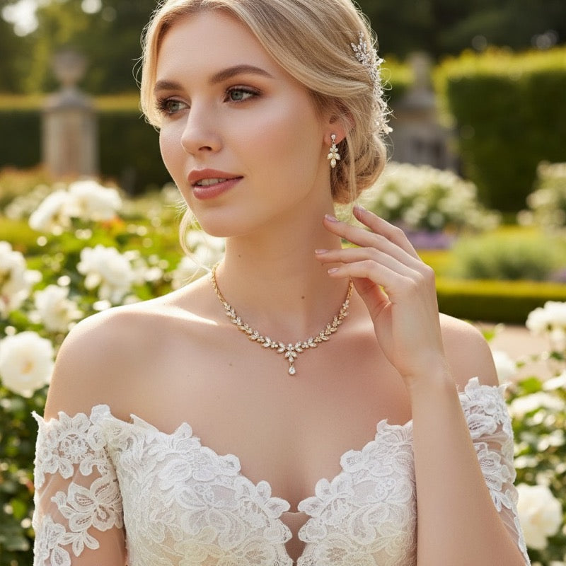 Crystal Necklace and Earring Set, Gold Bridal Jewellery 7750 - Topknot Tiaras & Veils