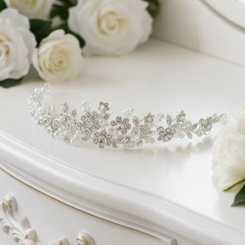 Crystal & Pearl Bridal Tiara – Floral Wedding Crown TLT4504 - Topknot Tiaras & Veils