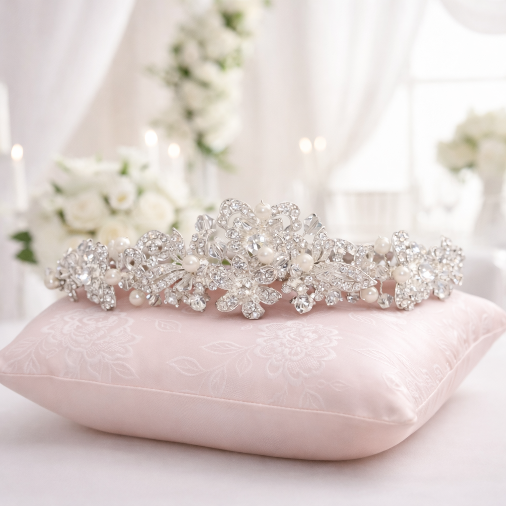 Crystal & Pearl Floral Bridal Tiara – Elegant Silver Wedding Headpiece TLT4618 - Topknot Tiaras & Veils