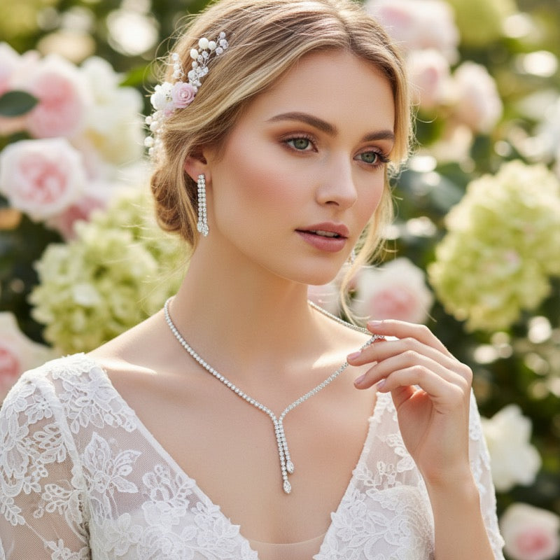 Crystal Y Drop Bridal Necklace Set, Statement Wedding Jewellery