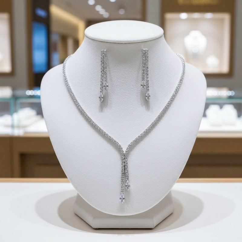Crystal Y Drop Bridal Necklace Set, Statement Wedding Jewellery