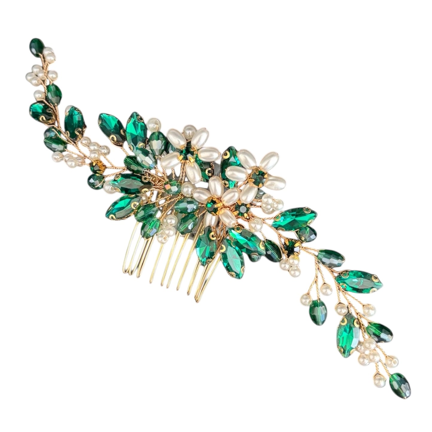 Wedding hair comb with emerald green crystals and ivory pearls