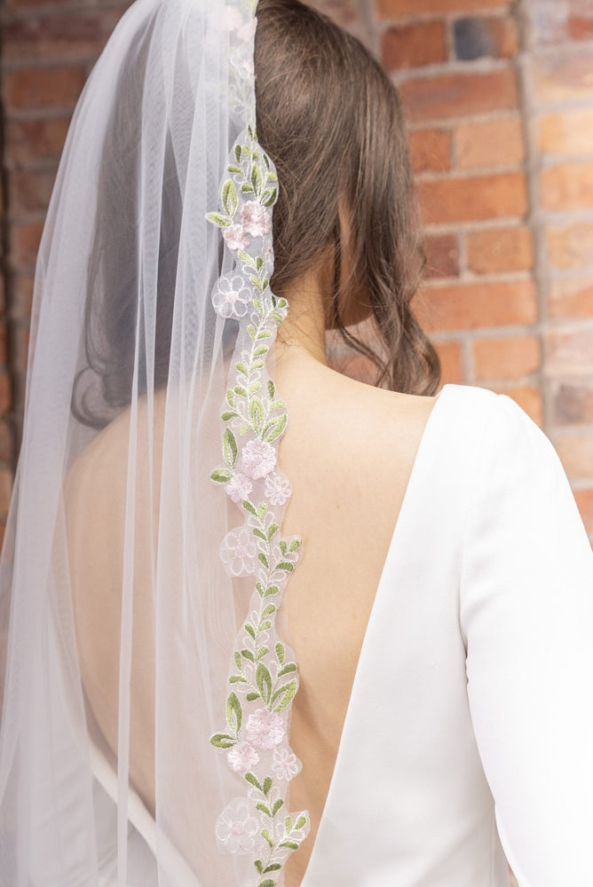 Fingertip Wedding Veil, Floral Edge in Pastel Pink & Green PBV9068