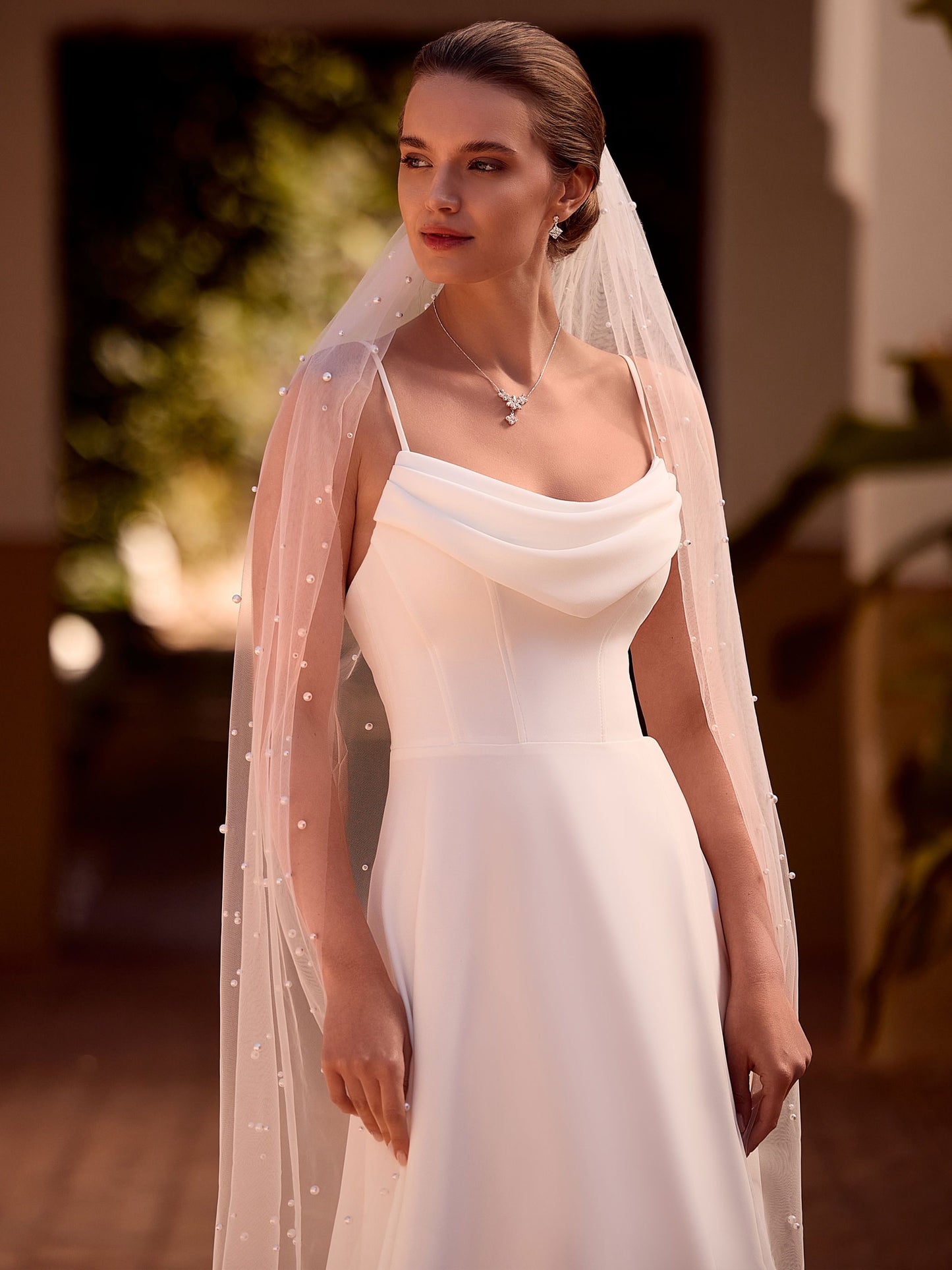 Floor Length Pearl Wedding Veil with cut Edge | Bianco Evento S544 - Topknot Tiaras & Veils