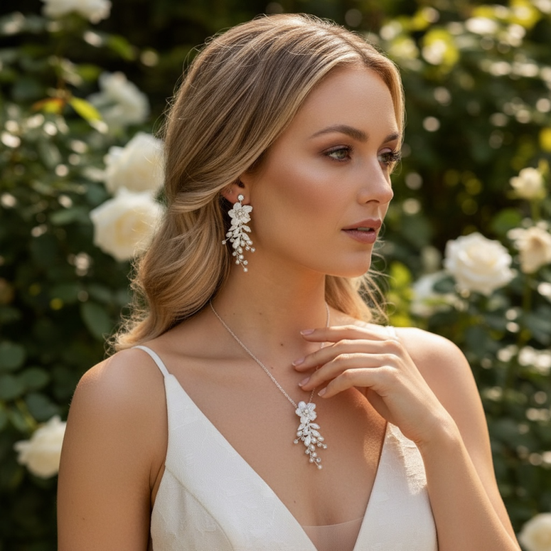 Brides Floral Necklace & Earring Set with Pearls & Crystals