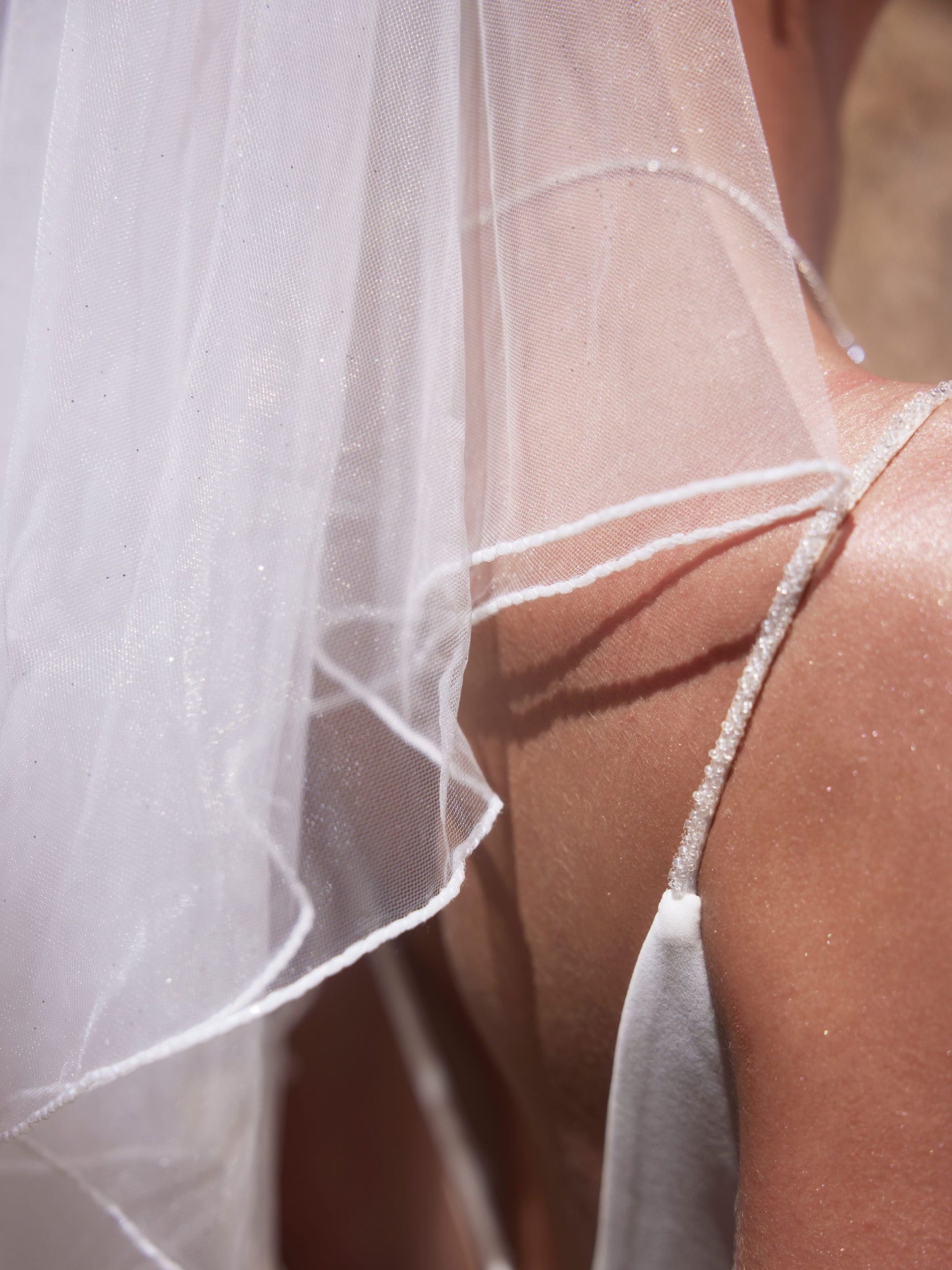 Glitter Tulle Bridal Veil with Blusher – Two Tier Beaded Edge