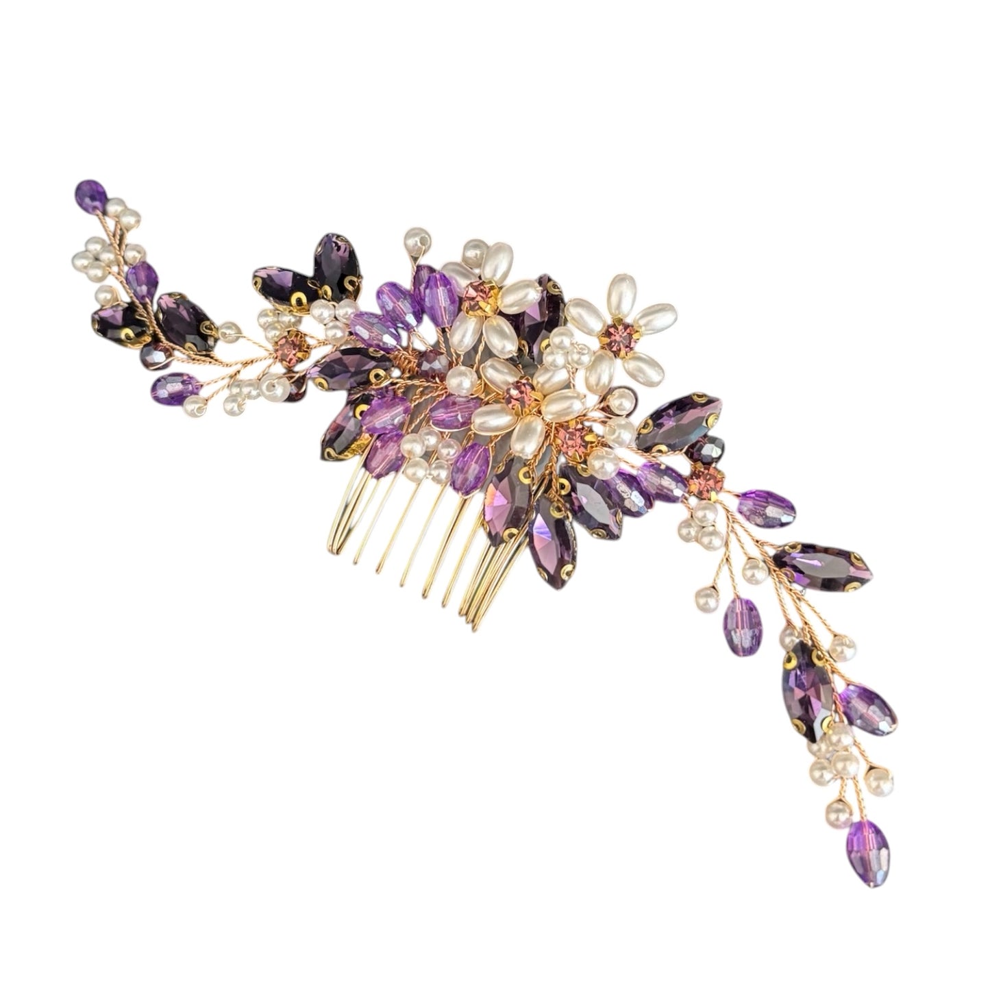 Gold bridal hair comb with purple crystals and ivory pearls