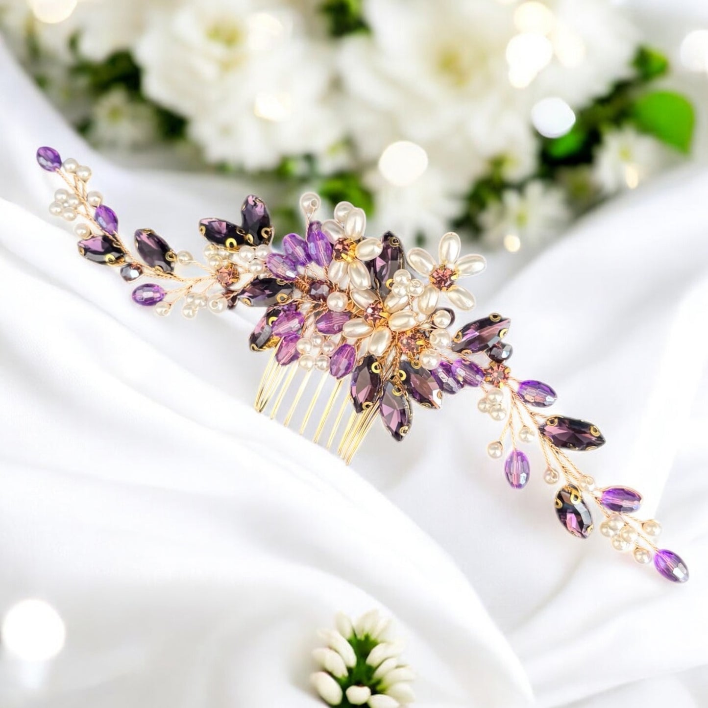 Gold bridal hair comb with purple crystals and ivory pearls