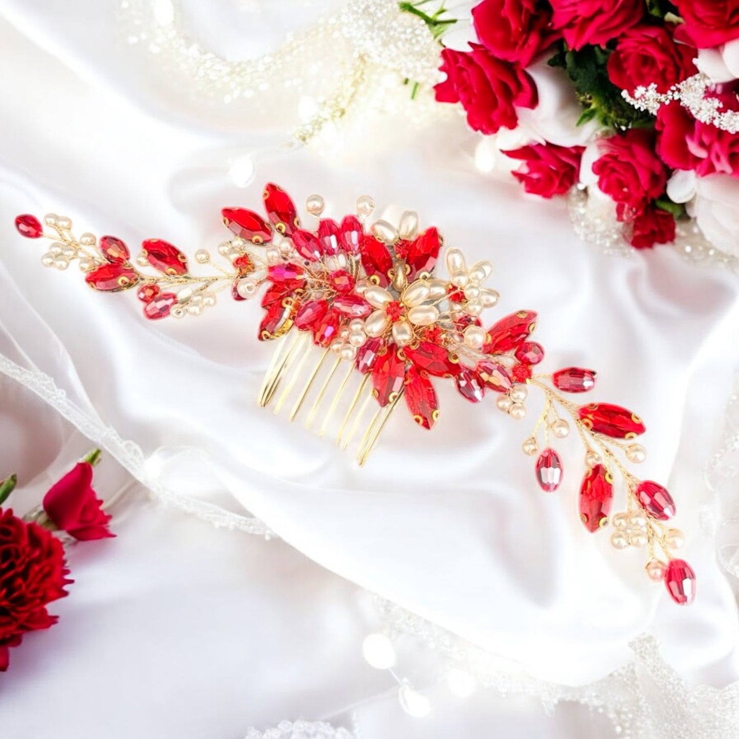 Wedding hair accessory in gold with red crystals and pearl accents