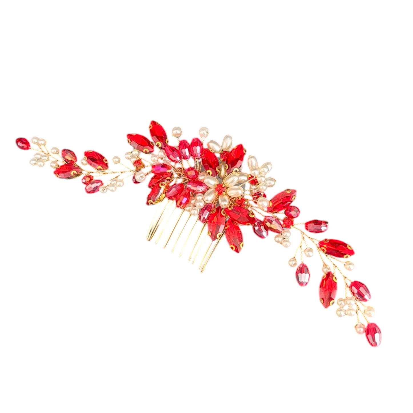 Bridal Hair comb with red crystals and ivory pearls