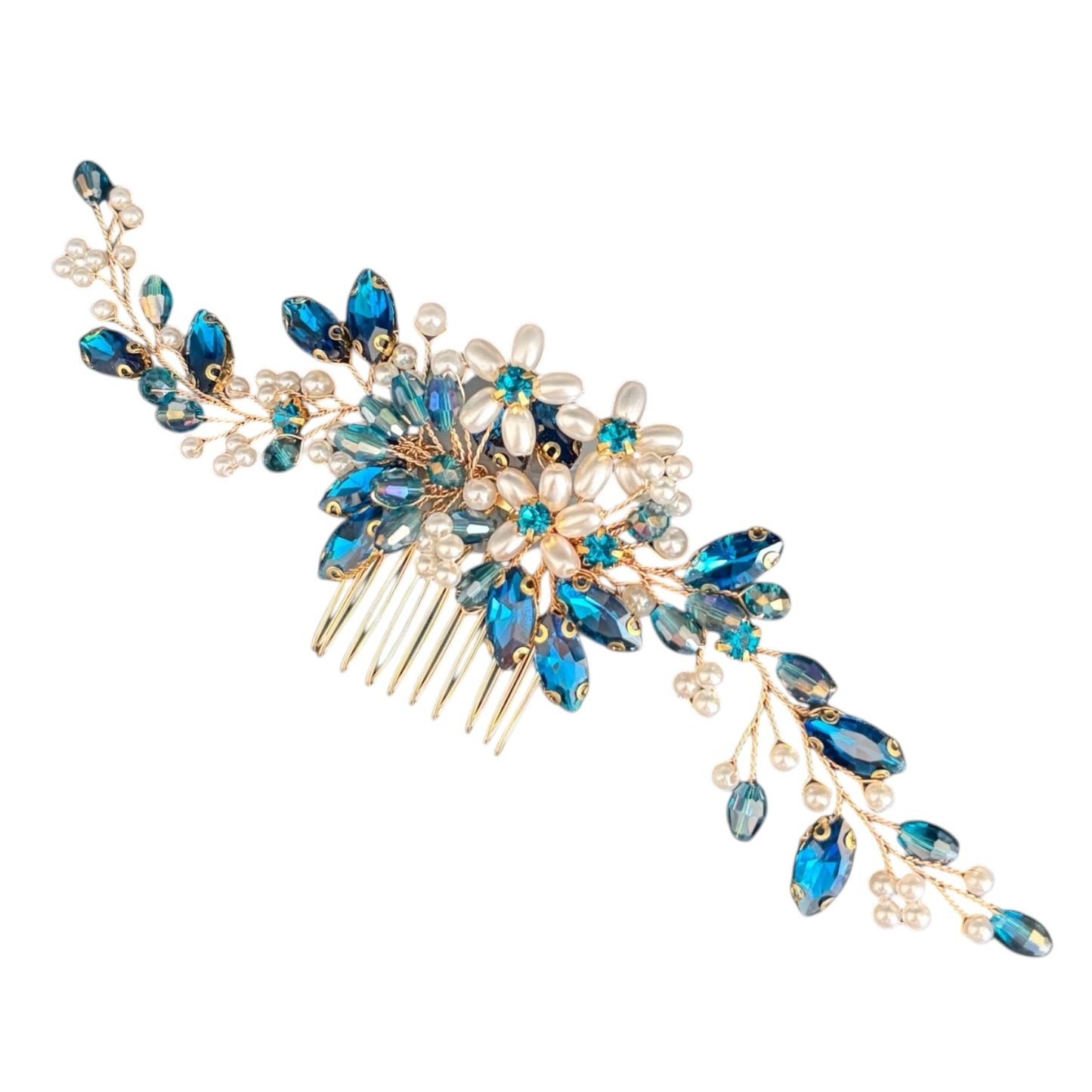 Bridal hair comb featuring gold metal, pearls, and peacock blue crystals