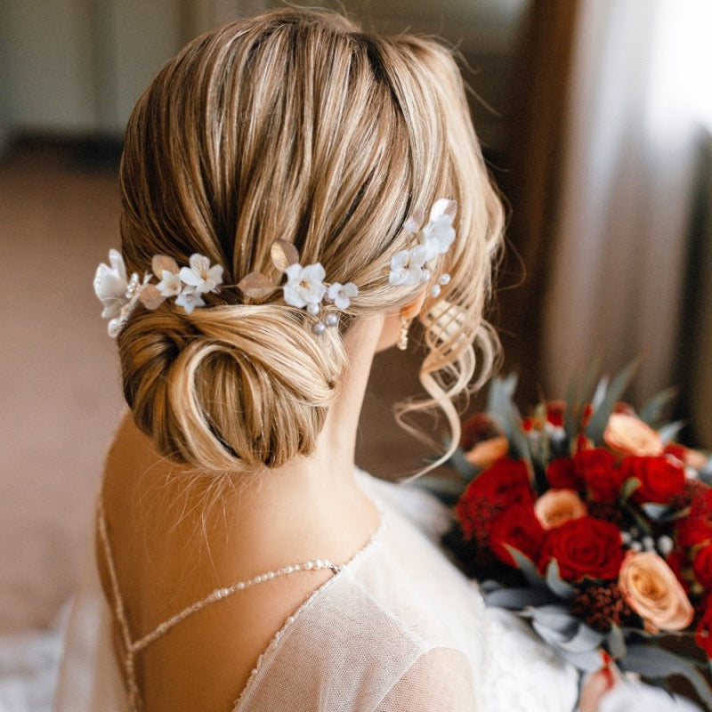 Gold Bridal Hair Vine with Flowers and Ivory Pearls 9833