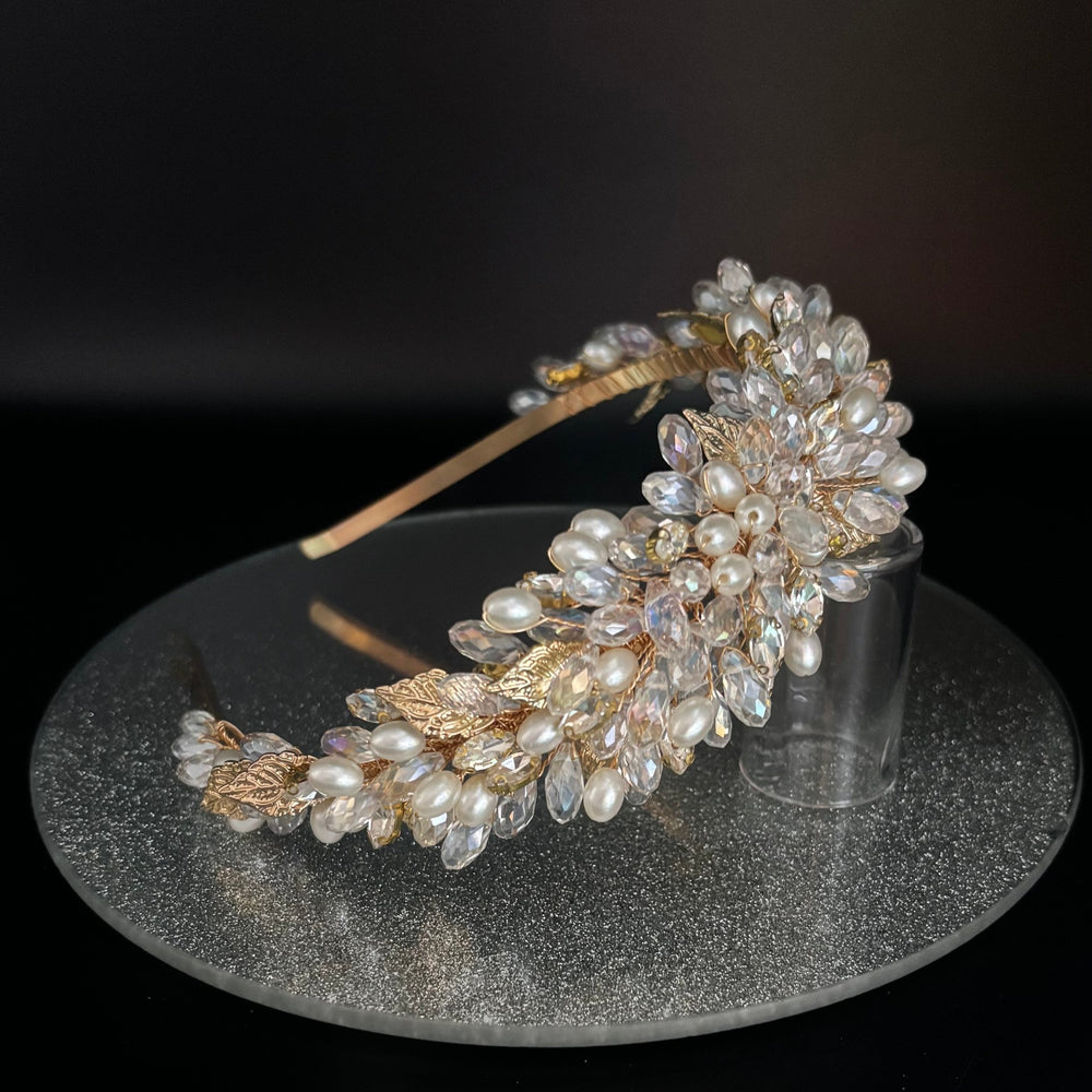 Gold Bridal Headband Embellished with Crystals & Pearls TT1030