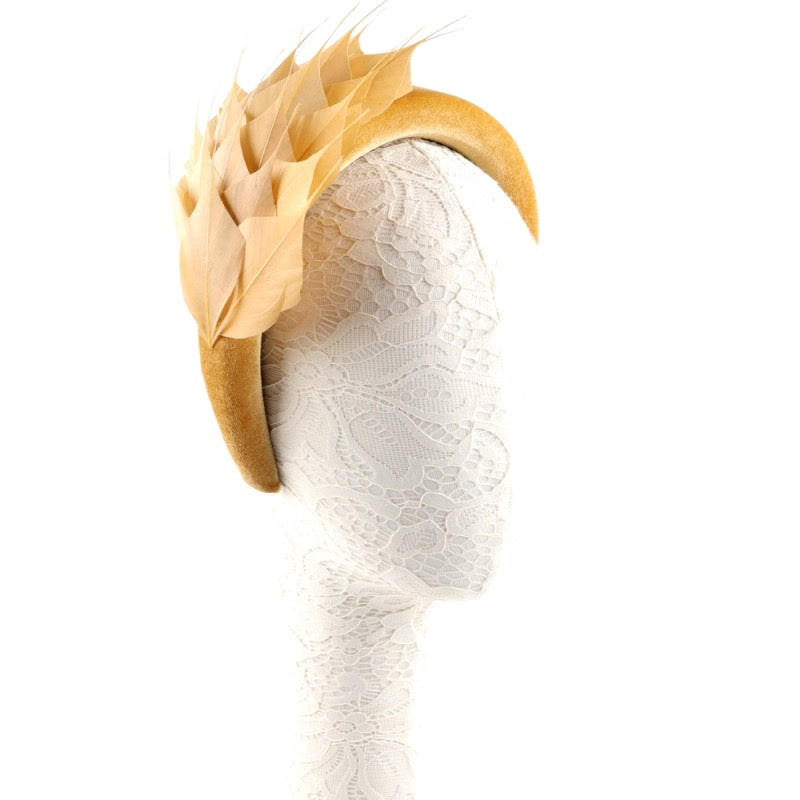 Gold Feather Fascinator Headband, Race Day Headpiece, Mother of The Bride Headdress, A9909