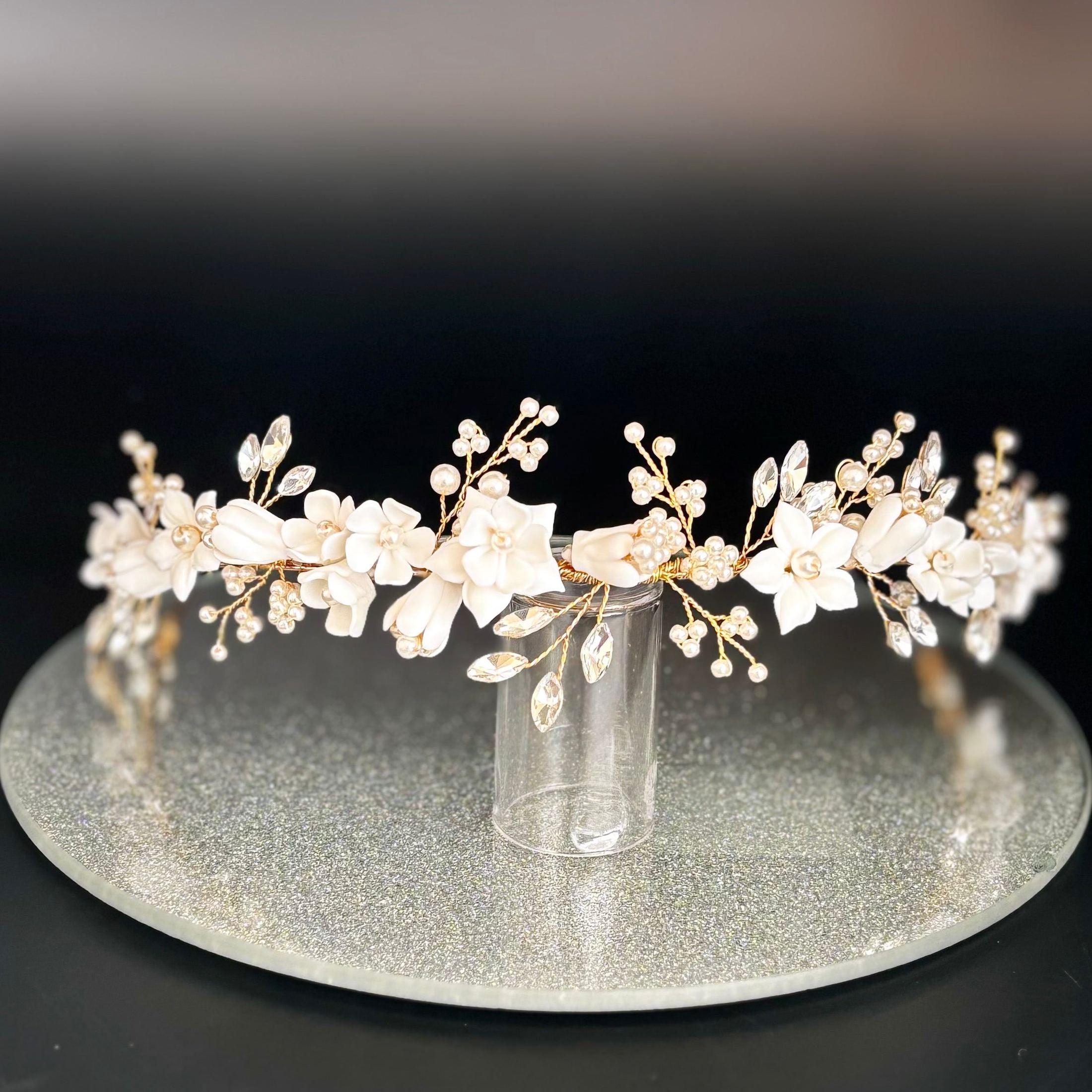 Floral Wedding Headband with Crystals & Pearls Topknot Tiaras