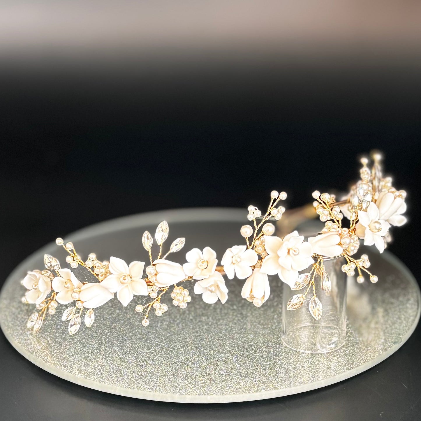 Gold Floral Wedding Headband with Crystals & Pearls, TT1051 - Topknot Tiaras & Veils