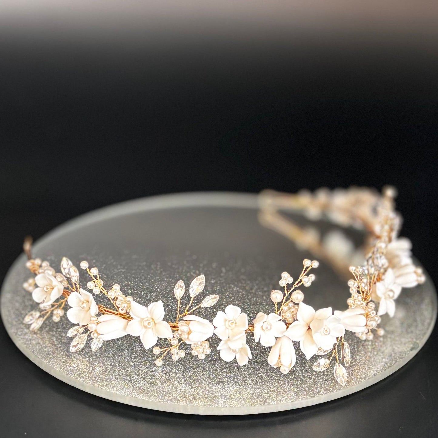 Gold Floral Wedding Headband with Crystals & Pearls, TT1051 - Topknot Tiaras & Veils