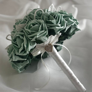 Green Wedding Bouquet with Roses and Pearls, Artificial Bridal Flowers FL40