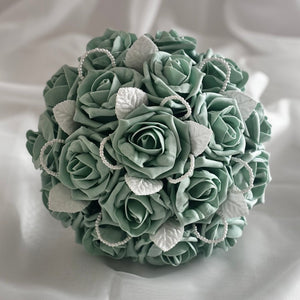 Green Wedding Bouquet with Roses and Pearls, Artificial Bridal Flowers FL40
