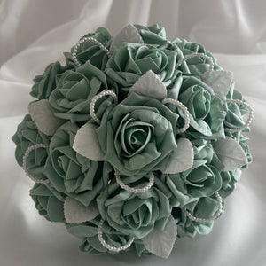 Green Wedding Bouquet with Roses and Pearls, Artificial Bridal Flowers FL40