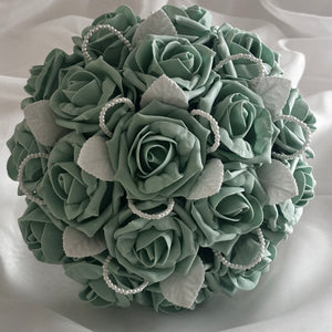 Green Wedding Bouquet with Roses and Pearls, Artificial Bridal Flowers FL40