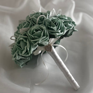 Green Wedding Bouquet with Roses and Pearls, Artificial Bridal Flowers FL40