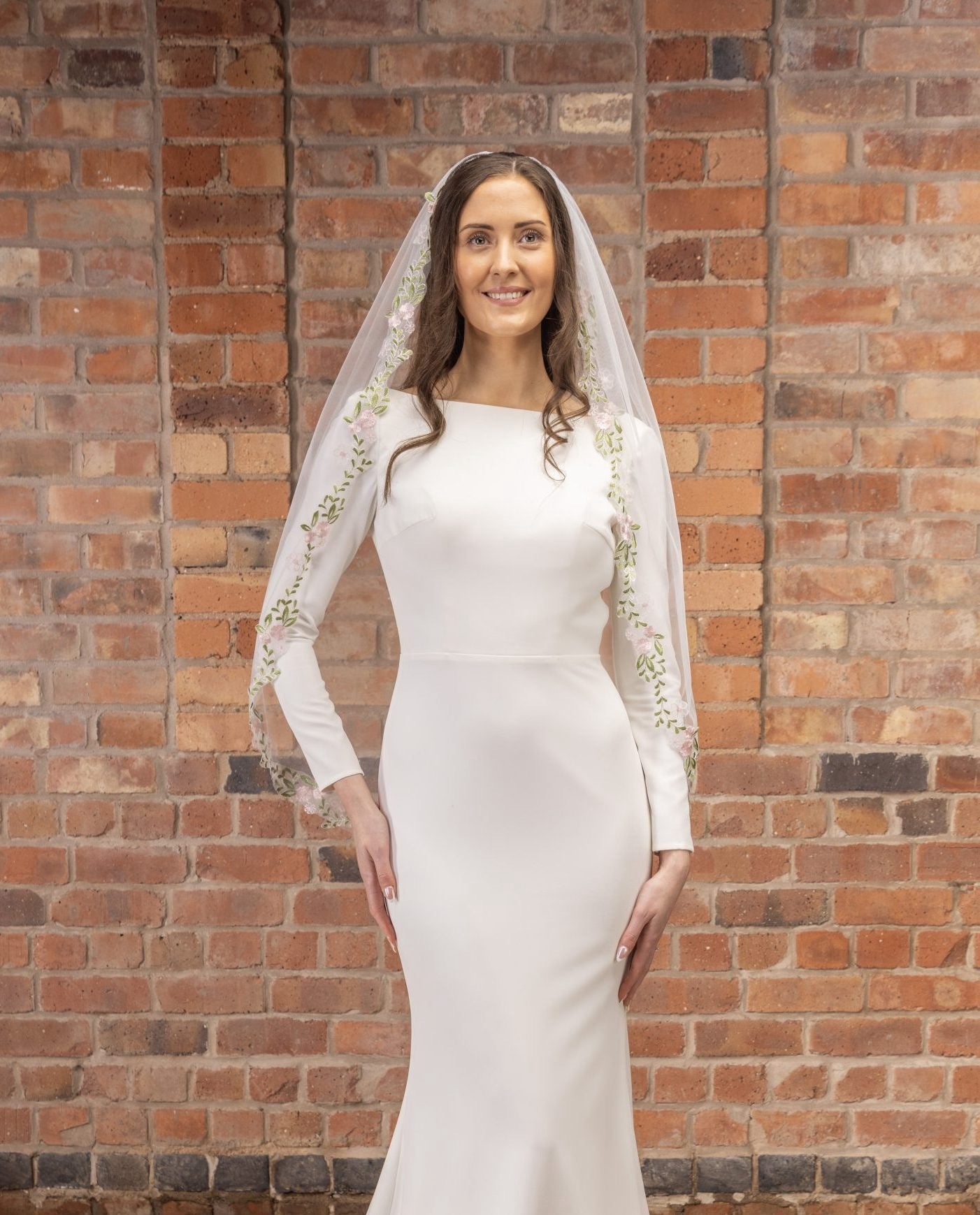 Fingertip Wedding Veil, Floral Edge in Pastel Pink & Green PBV9068 - Topknot Tiaras & Veils
