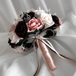 Artificial Wedding Bouquet, Brown & Peach Mist Roses FL78