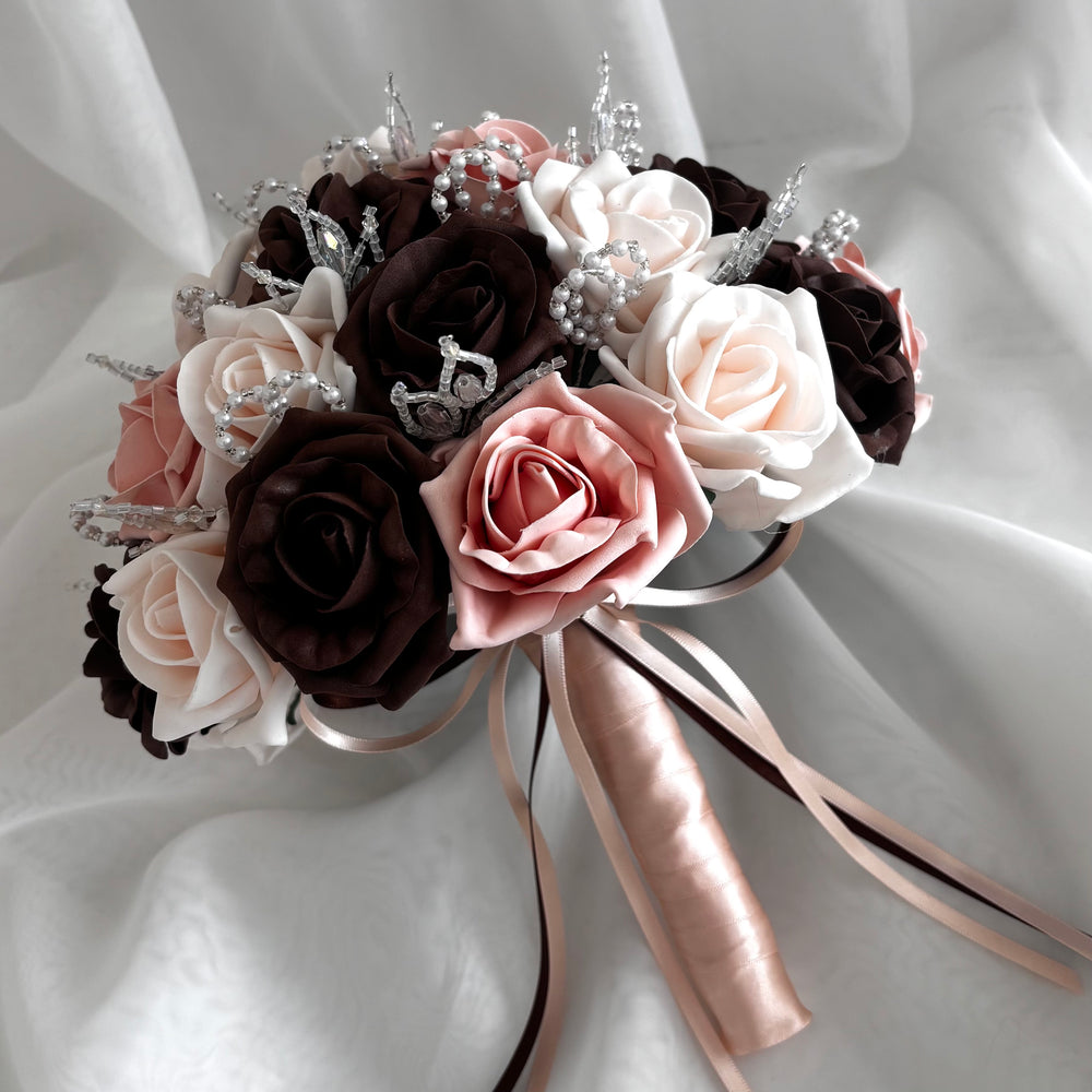 Artificial Wedding Bouquet, Brown & Peach Mist Roses FL78