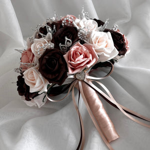 Artificial Wedding Bouquet, Brown & Peach Mist Roses FL78