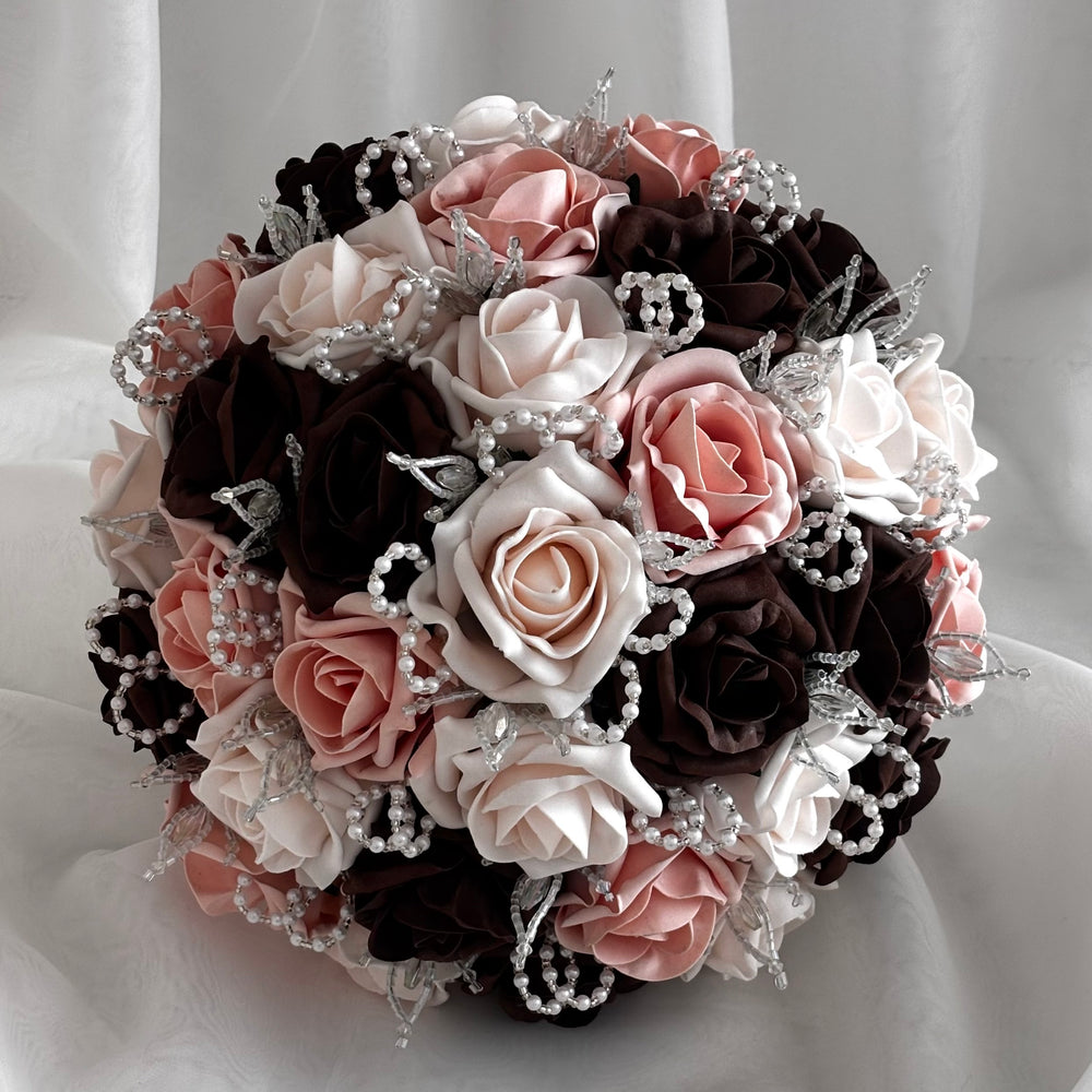 Artificial Wedding Bouquet, Brown & Peach Mist Roses FL78