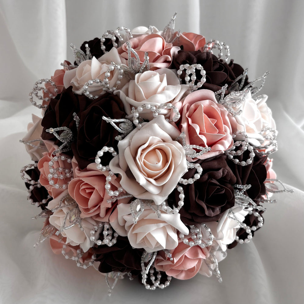 Artificial Wedding Bouquet, Brown & Peach Mist Roses FL78