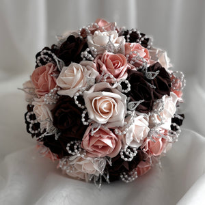 Artificial Wedding Bouquet, Brown & Peach Mist Roses FL78