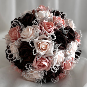 Artificial Wedding Bouquet, Brown & Peach Mist Roses FL78