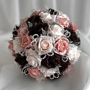 Artificial Wedding Bouquet, Brown & Peach Mist Roses FL78