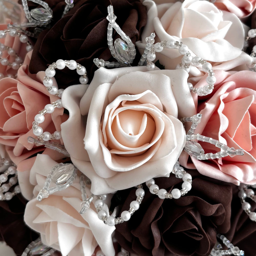 Artificial Wedding Bouquet, Brown & Peach Mist Roses FL78