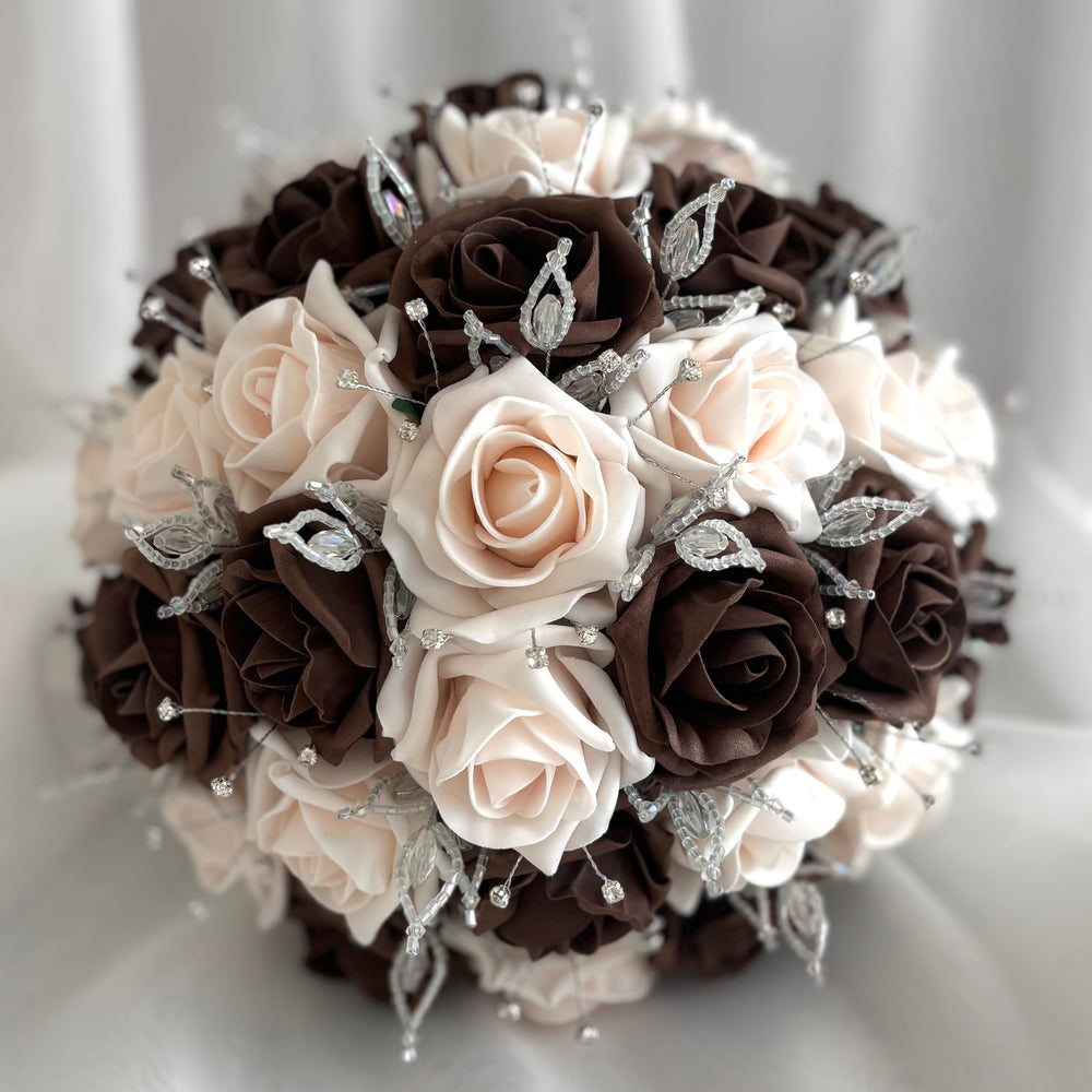 Artificial Wedding Bouquet, Brown & Peach Mist Roses FL79